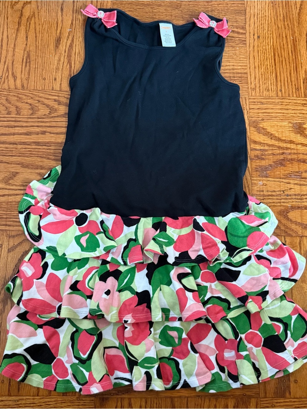 Gymboree Black Tank Dress with Pink & Green Floral Ruffle Skirt